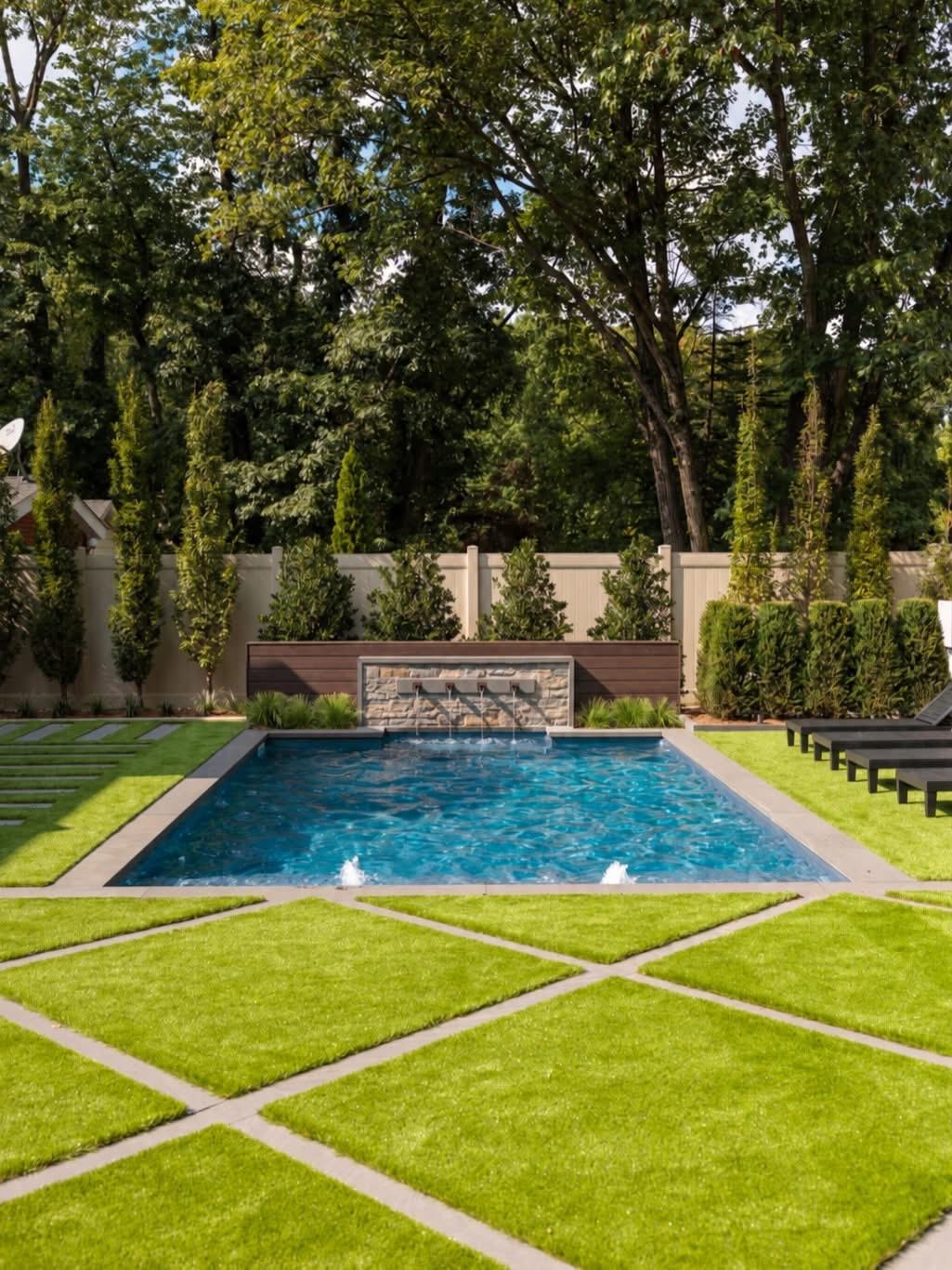 Contemporary backyard pool with geometric grass pavers and a stone water feature wall