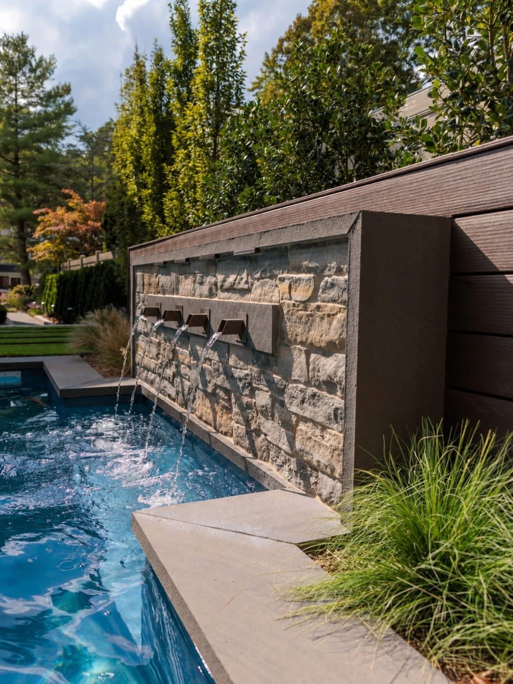 Stone water feature wall with four cascading bronze spouts flowing into a pool